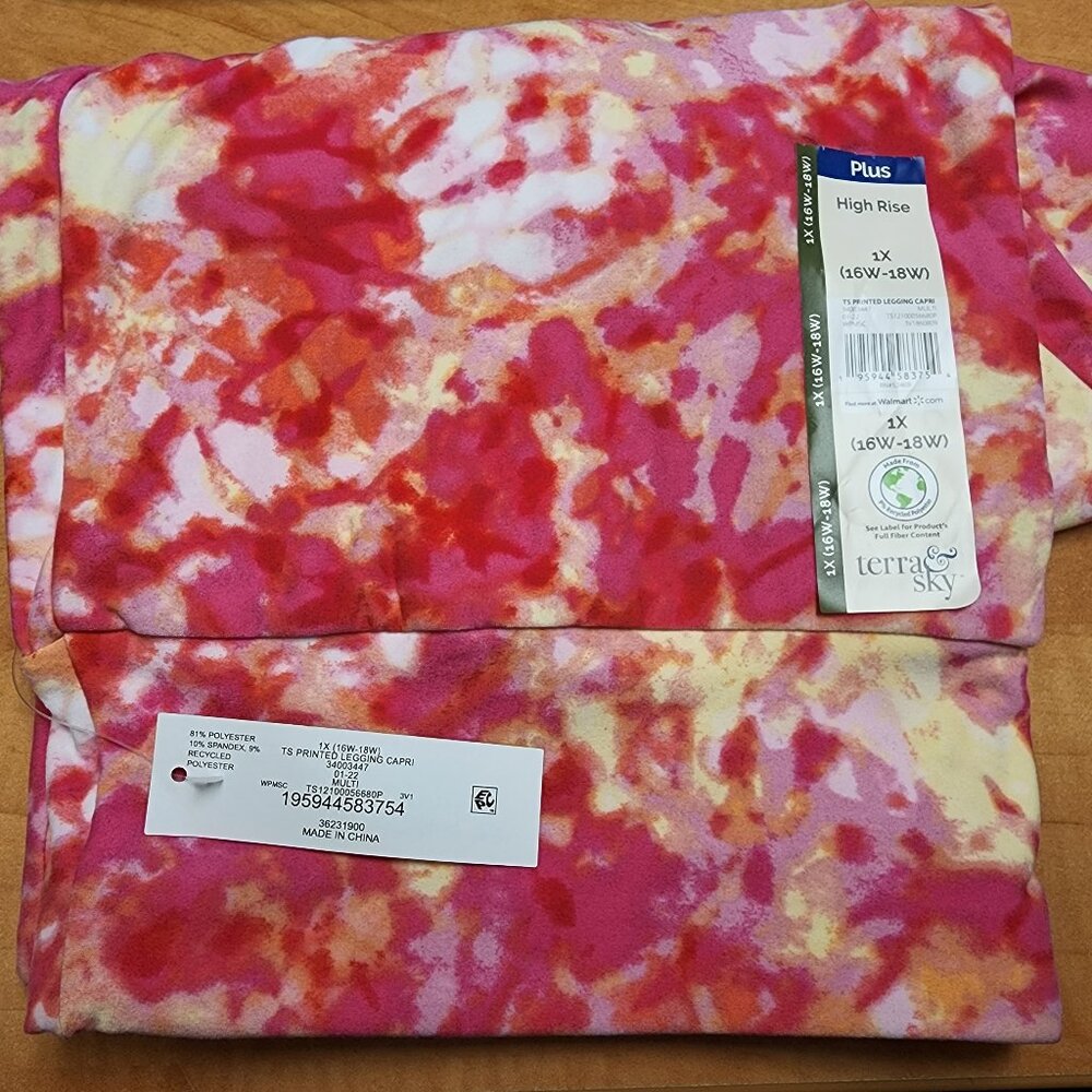 Terra & Sky Womens Plus Leggings Size 1X, 2X, 3X High Rise Capri Coral Tie Dye - Picture 5 of 6